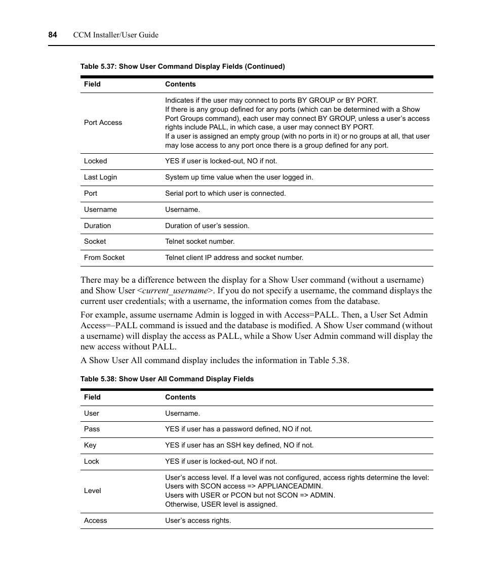 Table 5.38: show user all command display fields | Avocent CCM User Manual | Page 98 / 136