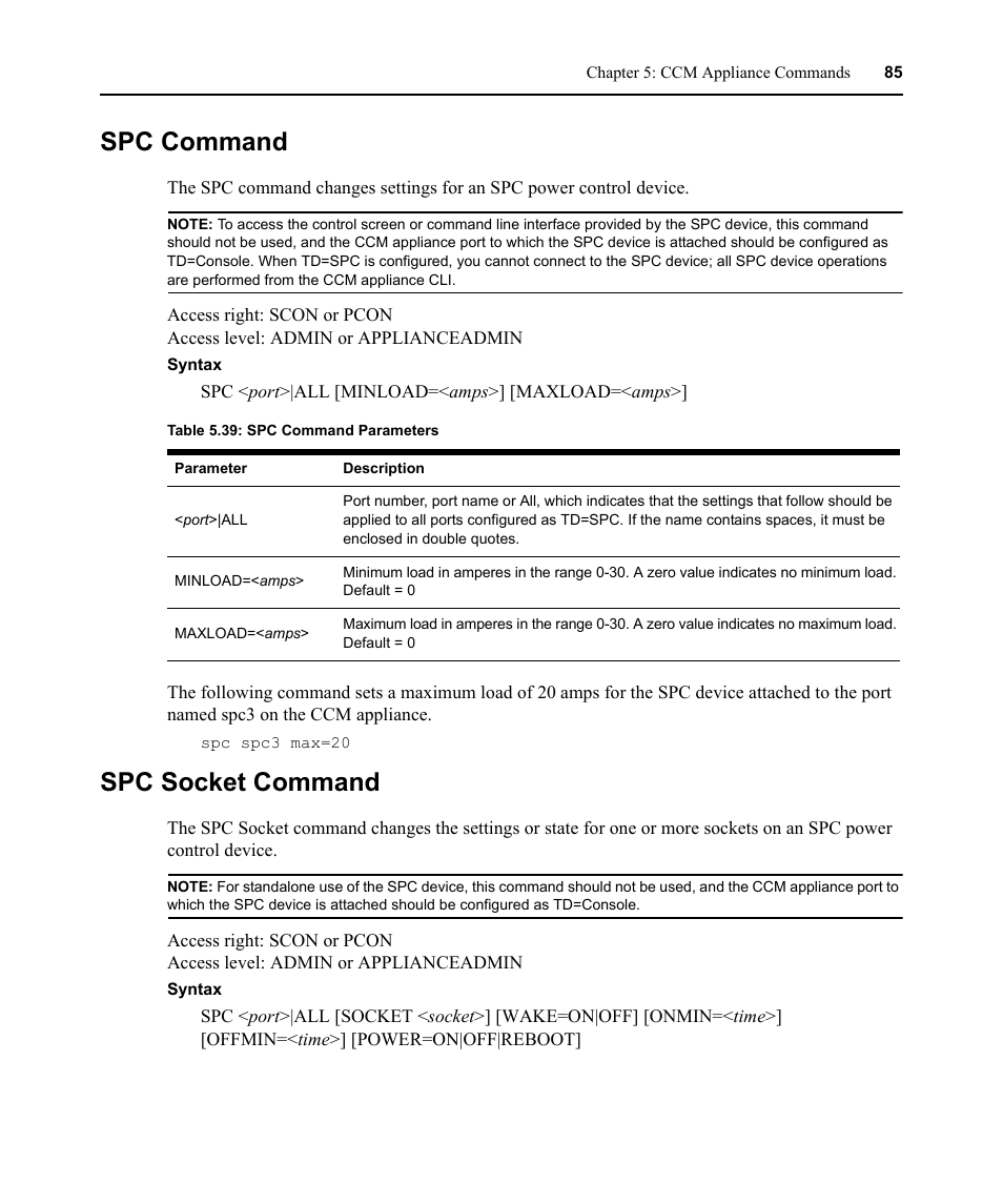 Spc command, Spc socket command, Spc command spc socket command | Table 5.39: spc command parameters | Avocent CCM User Manual | Page 99 / 136
