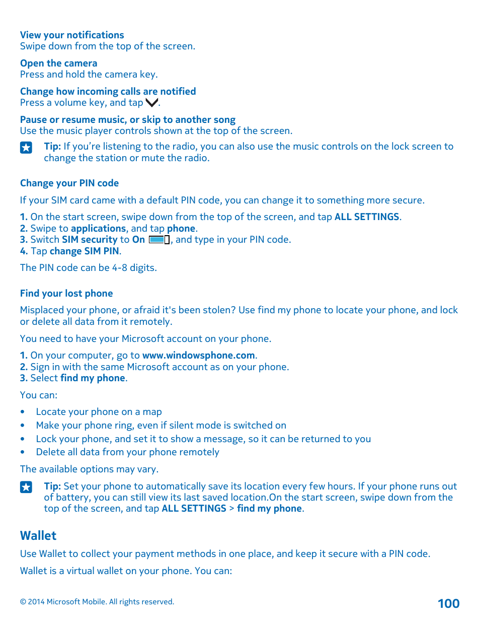 Change your pin code, Find your lost phone, Wallet | Nokia Lumia 520 User Manual | Page 100 / 109