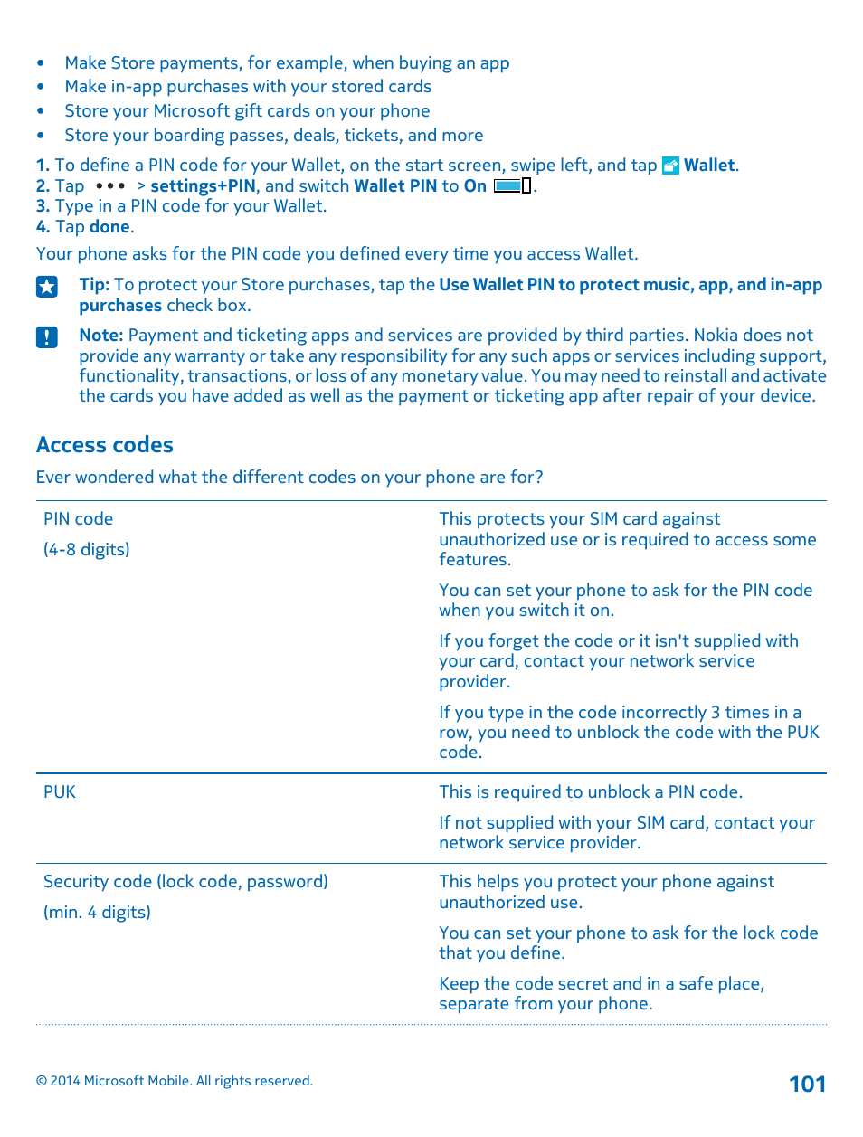 Access codes | Nokia Lumia 520 User Manual | Page 101 / 109