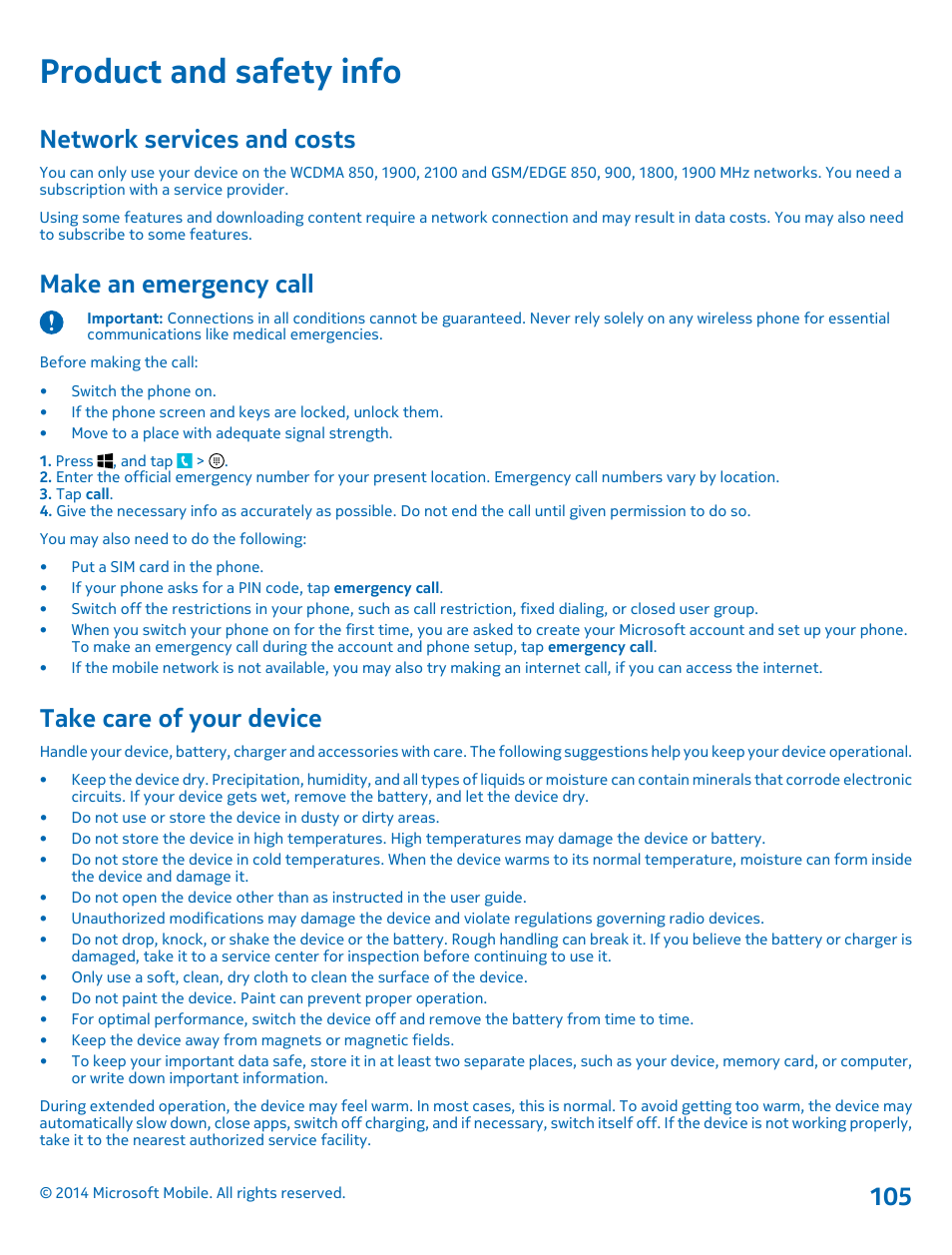 Product and safety info, Network services and costs, Make an emergency call | Take care of your device | Nokia Lumia 520 User Manual | Page 105 / 109