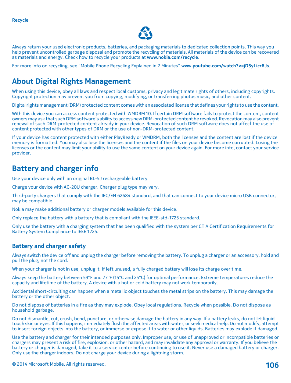 About digital rights management, Battery and charger info, Battery and charger safety | Nokia Lumia 520 User Manual | Page 106 / 109