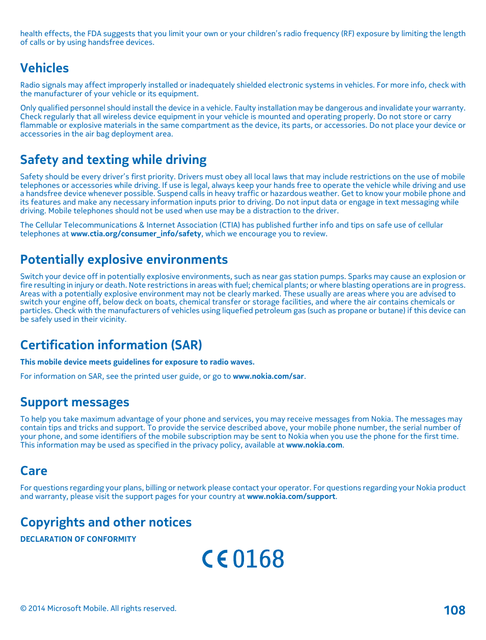 Vehicles, Safety and texting while driving, Potentially explosive environments | Certification information (sar), Support messages, Care, Copyrights and other notices | Nokia Lumia 520 User Manual | Page 108 / 109