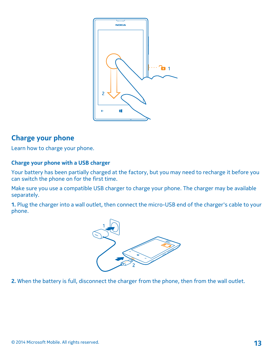 Charge your phone, Charge your phone with a usb charger | Nokia Lumia 520 User Manual | Page 13 / 109