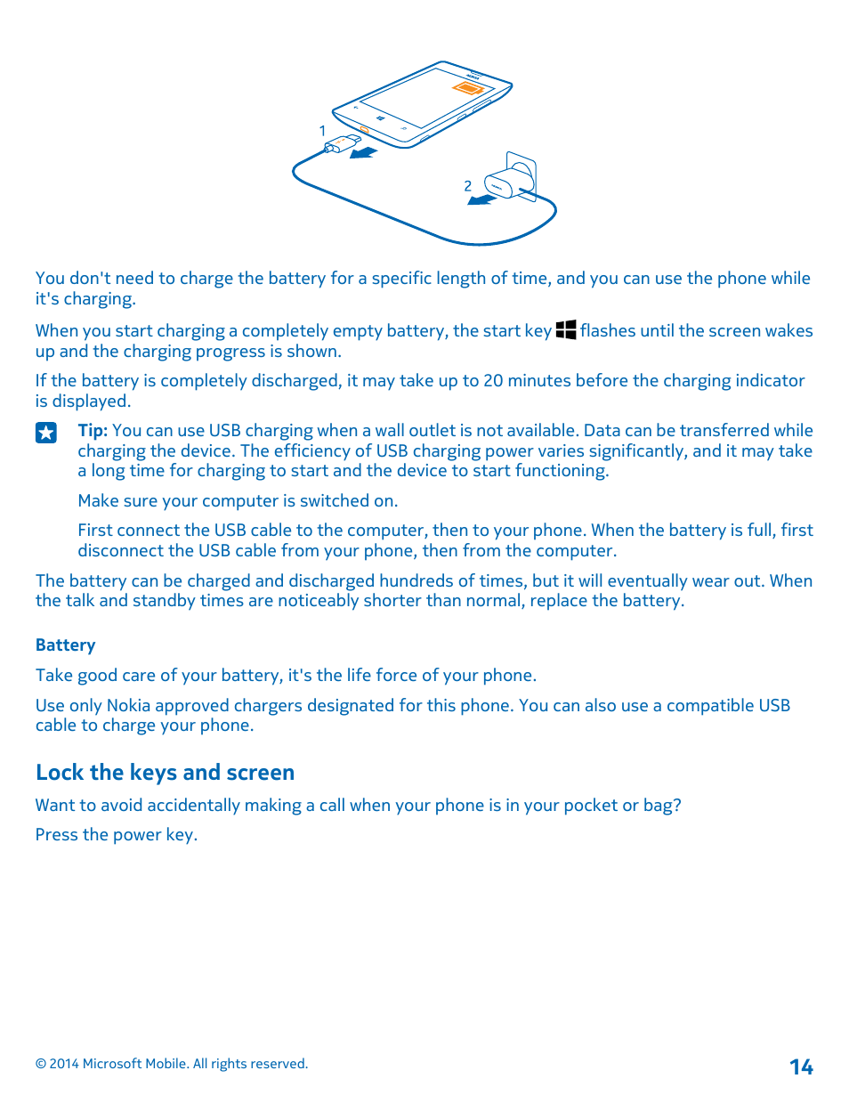 Battery, Lock the keys and screen | Nokia Lumia 520 User Manual | Page 14 / 109