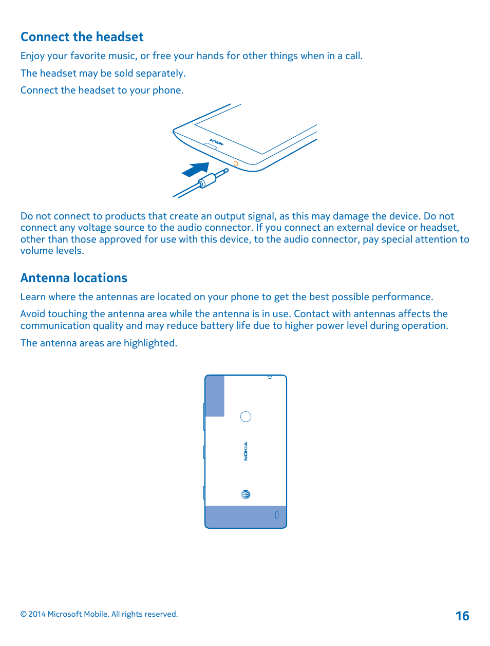 Connect the headset, Antenna locations | Nokia Lumia 520 User Manual | Page 16 / 109