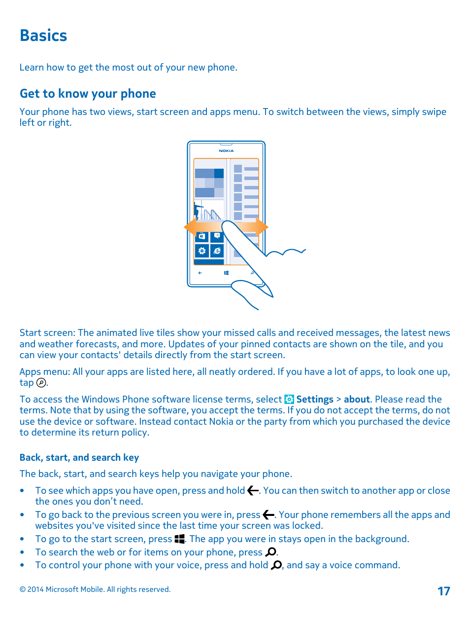 Basics, Get to know your phone, Back, start, and search key | Nokia Lumia 520 User Manual | Page 17 / 109