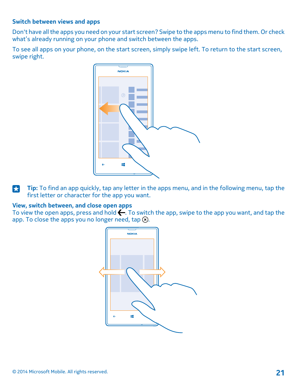 Switch between views and apps | Nokia Lumia 520 User Manual | Page 21 / 109