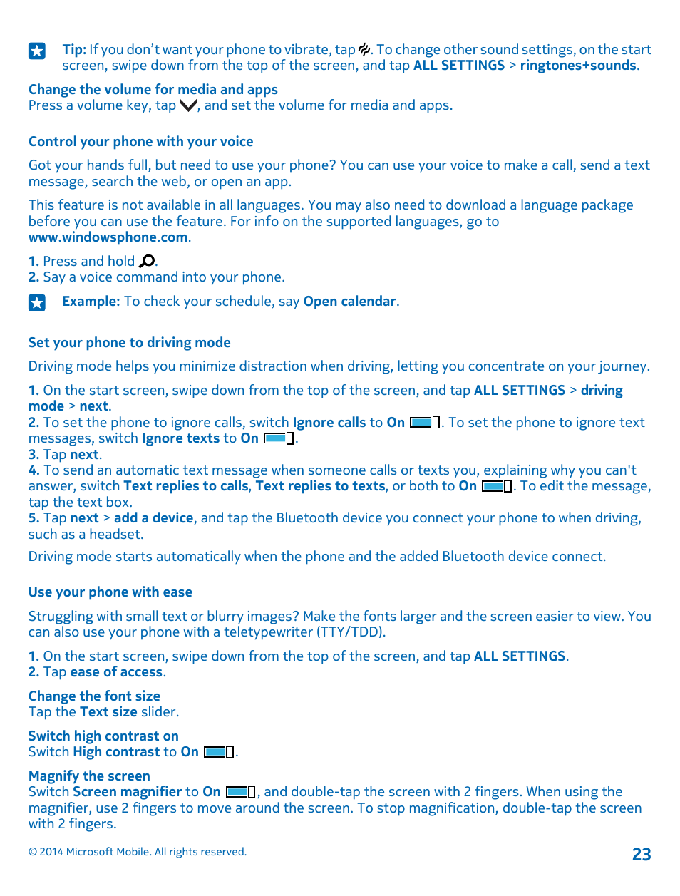 Control your phone with your voice, Set your phone to driving mode, Use your phone with ease | Nokia Lumia 520 User Manual | Page 23 / 109