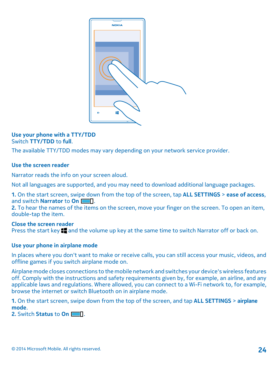 Use the screen reader, Use your phone in airplane mode | Nokia Lumia 520 User Manual | Page 24 / 109