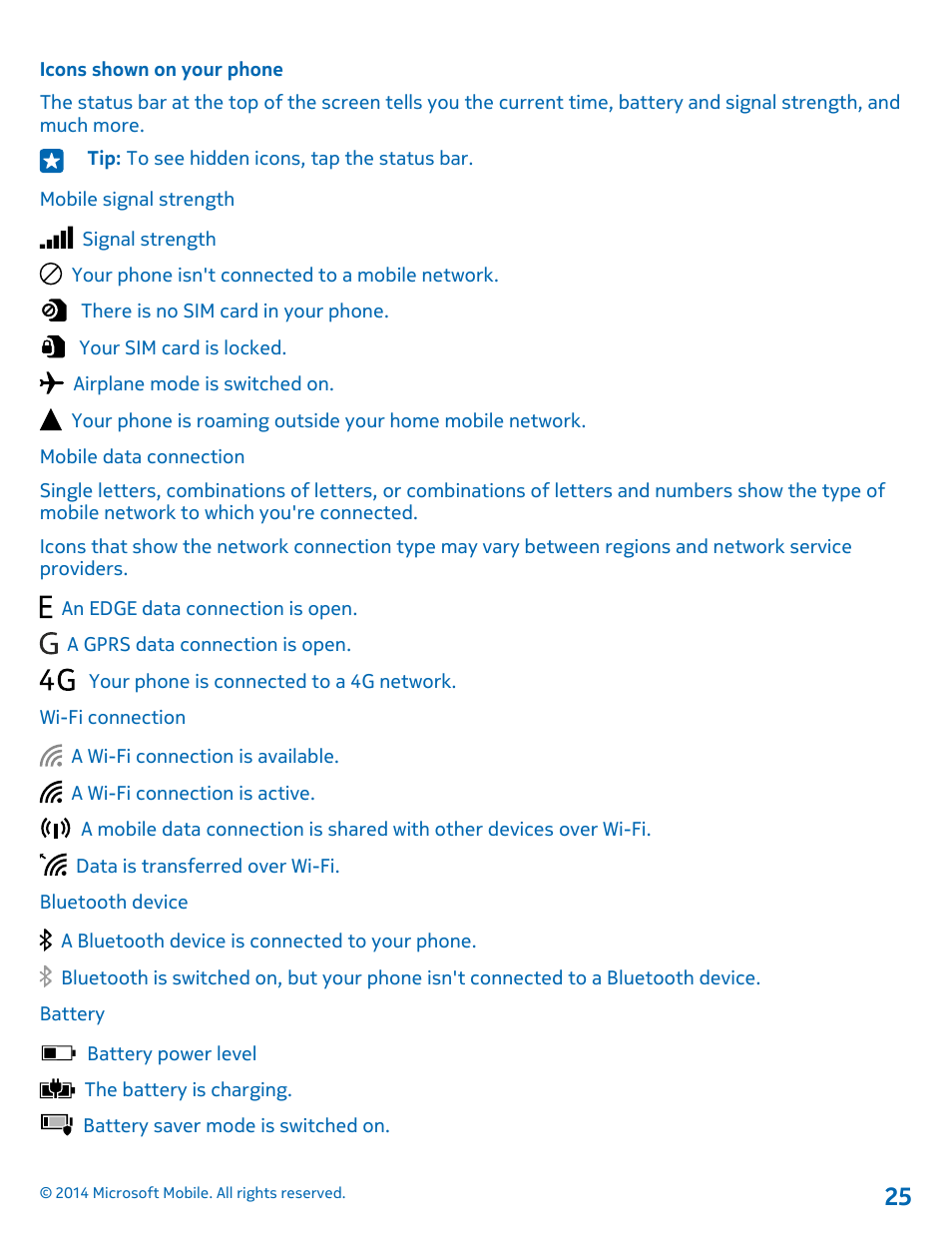 Icons shown on your phone | Nokia Lumia 520 User Manual | Page 25 / 109