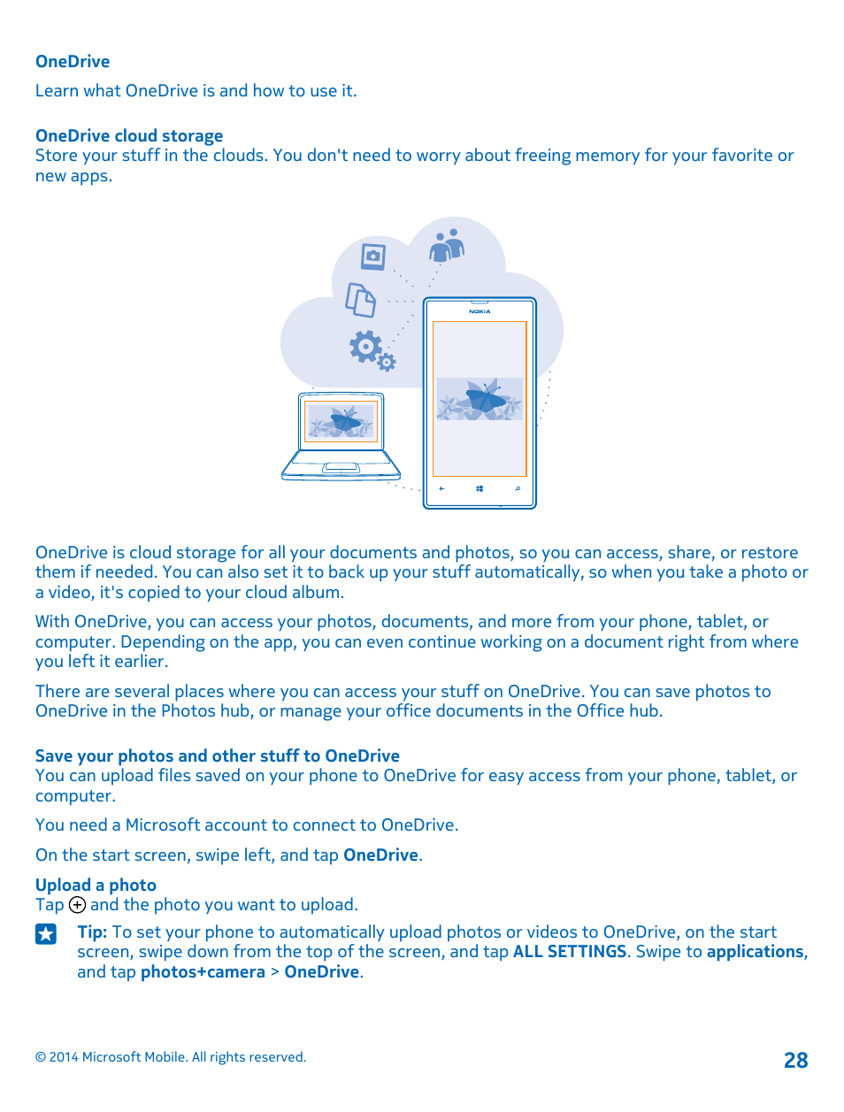 Onedrive, Onedrive cloud storage, Save your photos and other stuff to onedrive | Nokia Lumia 520 User Manual | Page 28 / 109