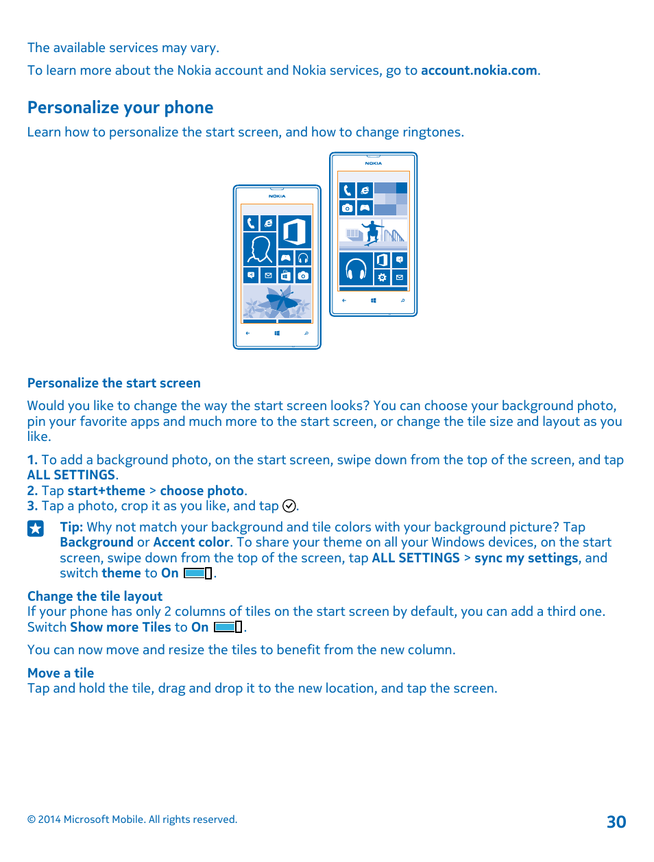 Personalize your phone, Personalize the start screen | Nokia Lumia 520 User Manual | Page 30 / 109