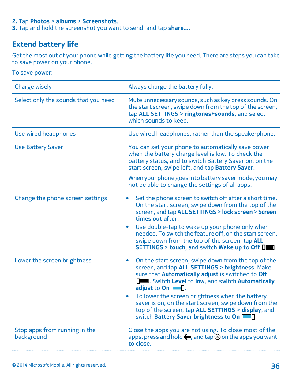 Extend battery life | Nokia Lumia 520 User Manual | Page 36 / 109