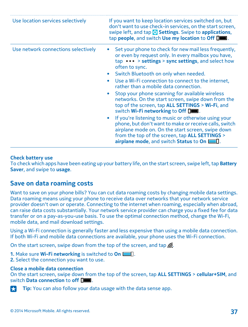 Save on data roaming costs | Nokia Lumia 520 User Manual | Page 37 / 109