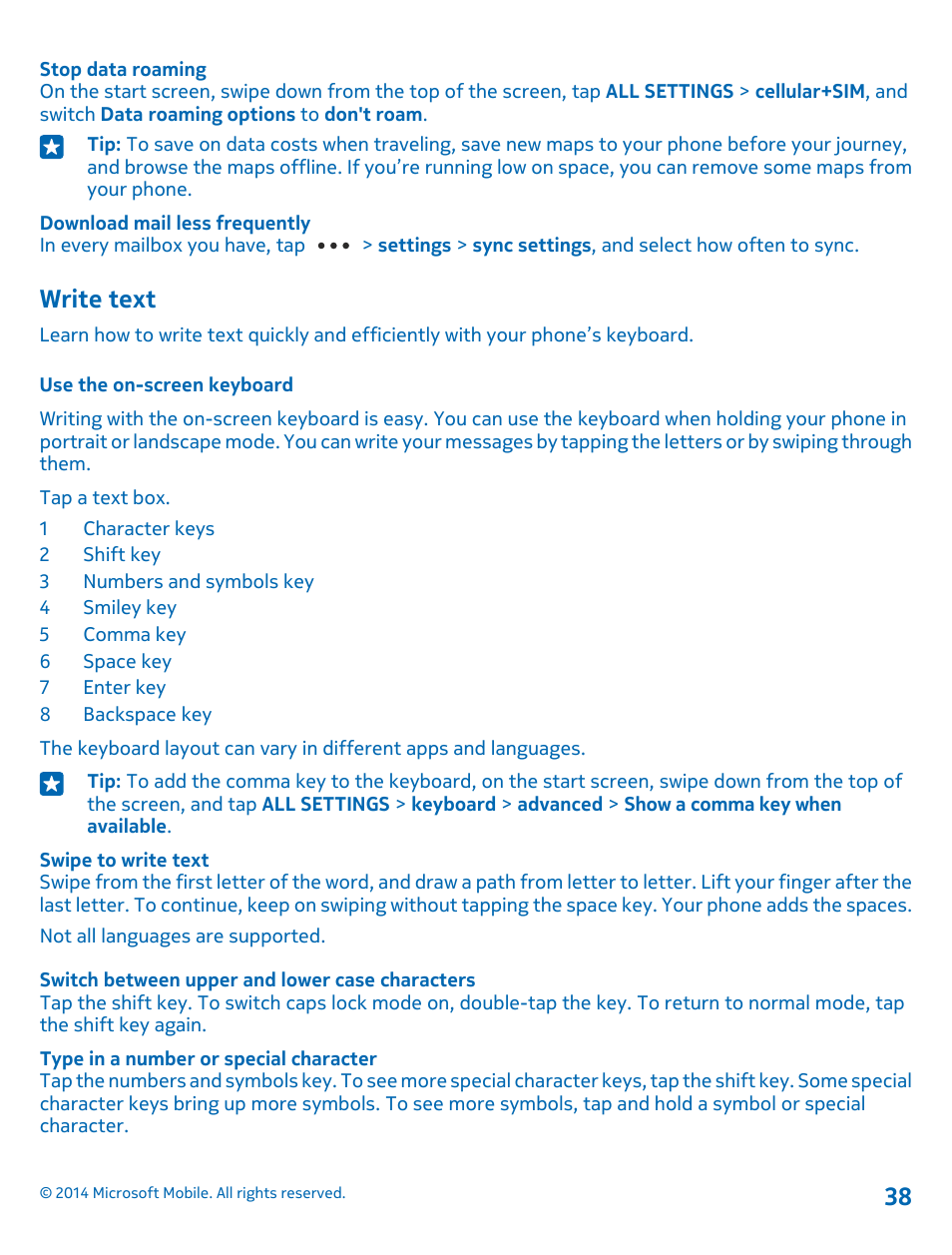 Write text, Use the on-screen keyboard | Nokia Lumia 520 User Manual | Page 38 / 109