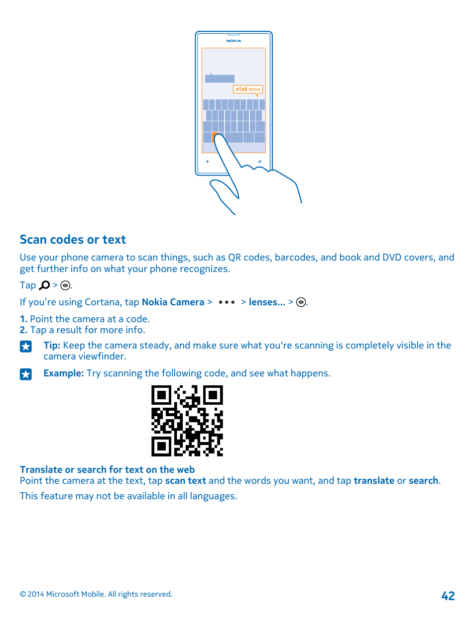 Scan codes or text | Nokia Lumia 520 User Manual | Page 42 / 109