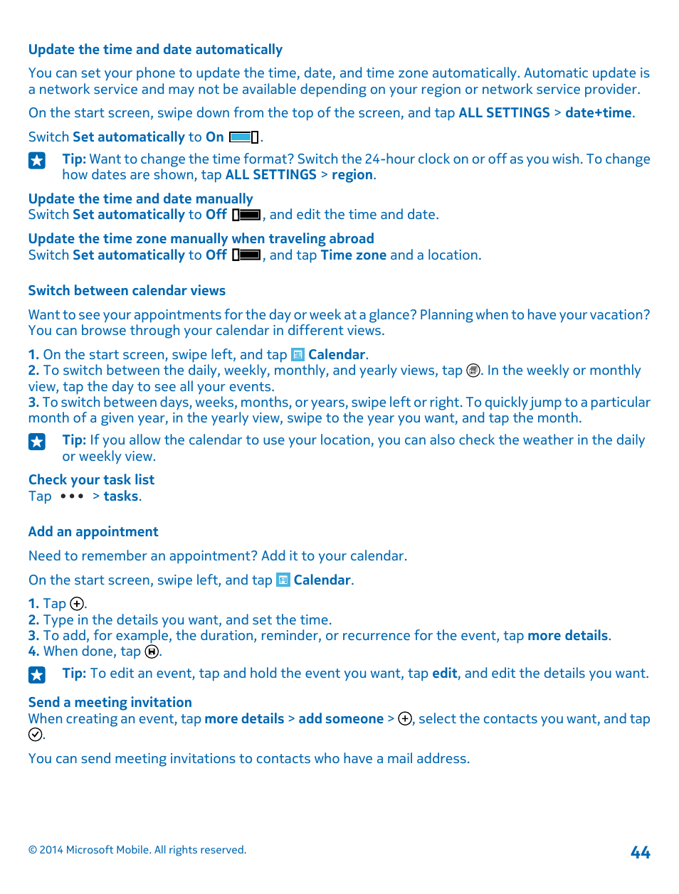 Update the time and date automatically, Switch between calendar views, Add an appointment | Nokia Lumia 520 User Manual | Page 44 / 109