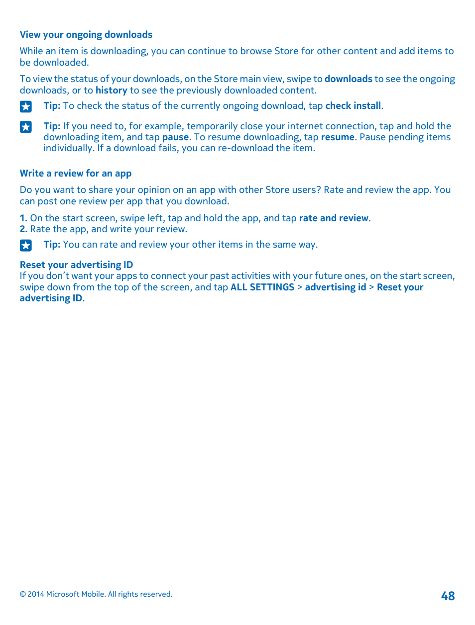 View your ongoing downloads, Write a review for an app | Nokia Lumia 520 User Manual | Page 48 / 109