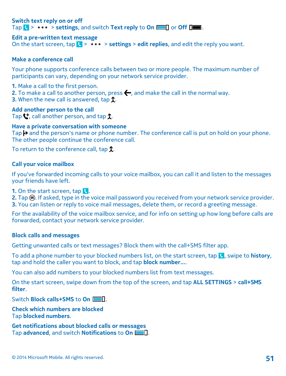 Make a conference call, Call your voice mailbox, Block calls and messages | Nokia Lumia 520 User Manual | Page 51 / 109