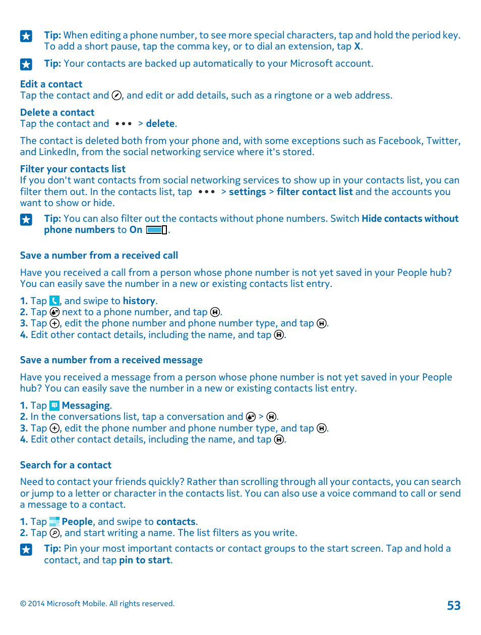 Save a number from a received call, Save a number from a received message, Search for a contact | Nokia Lumia 520 User Manual | Page 53 / 109