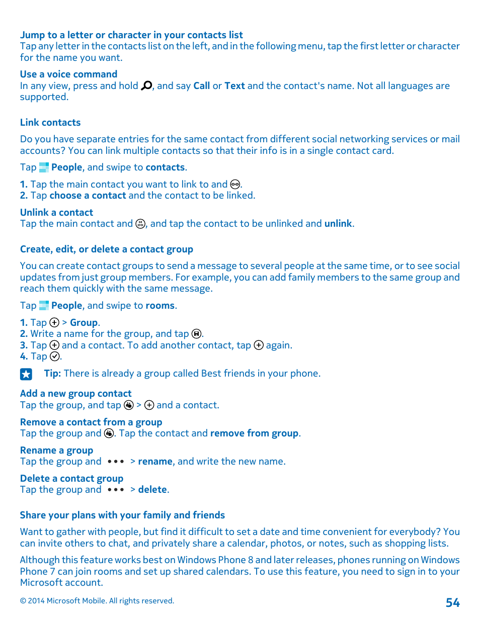 Link contacts, Create, edit, or delete a contact group, Share your plans with your family and friends | Nokia Lumia 520 User Manual | Page 54 / 109