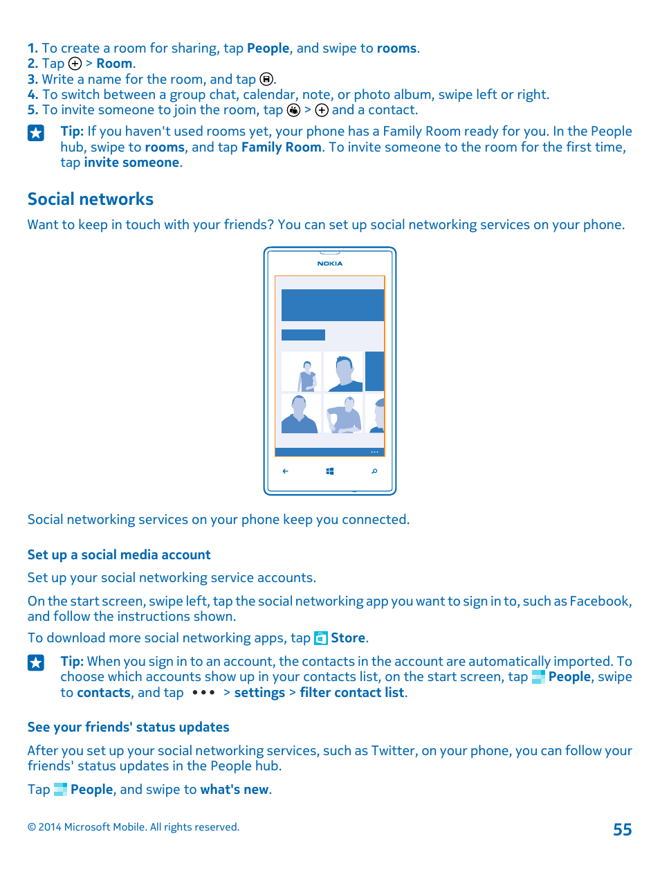 Social networks, Set up a social media account, See your friends' status updates | Nokia Lumia 520 User Manual | Page 55 / 109