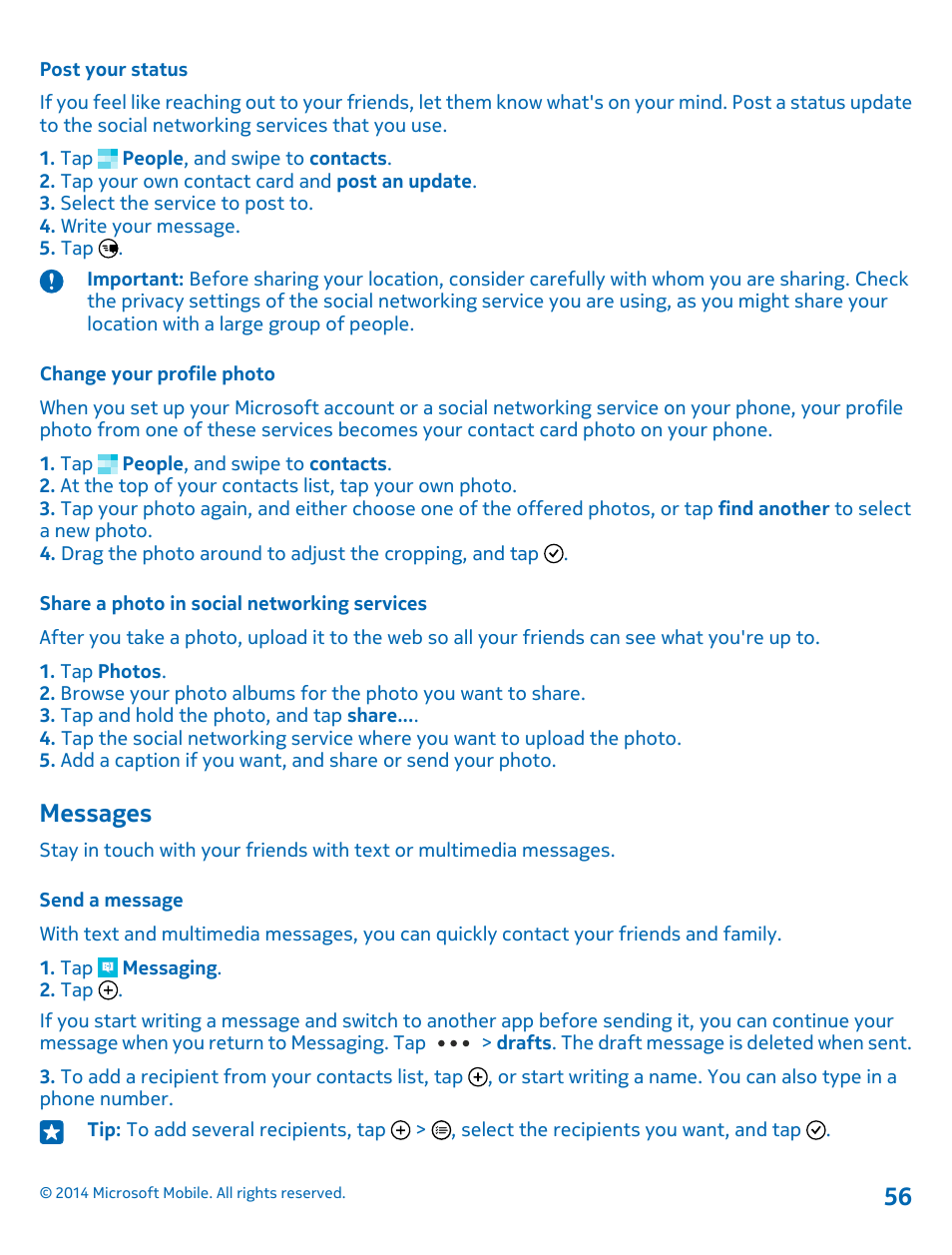 Post your status, Change your profile photo, Share a photo in social networking services | Messages, Send a message | Nokia Lumia 520 User Manual | Page 56 / 109