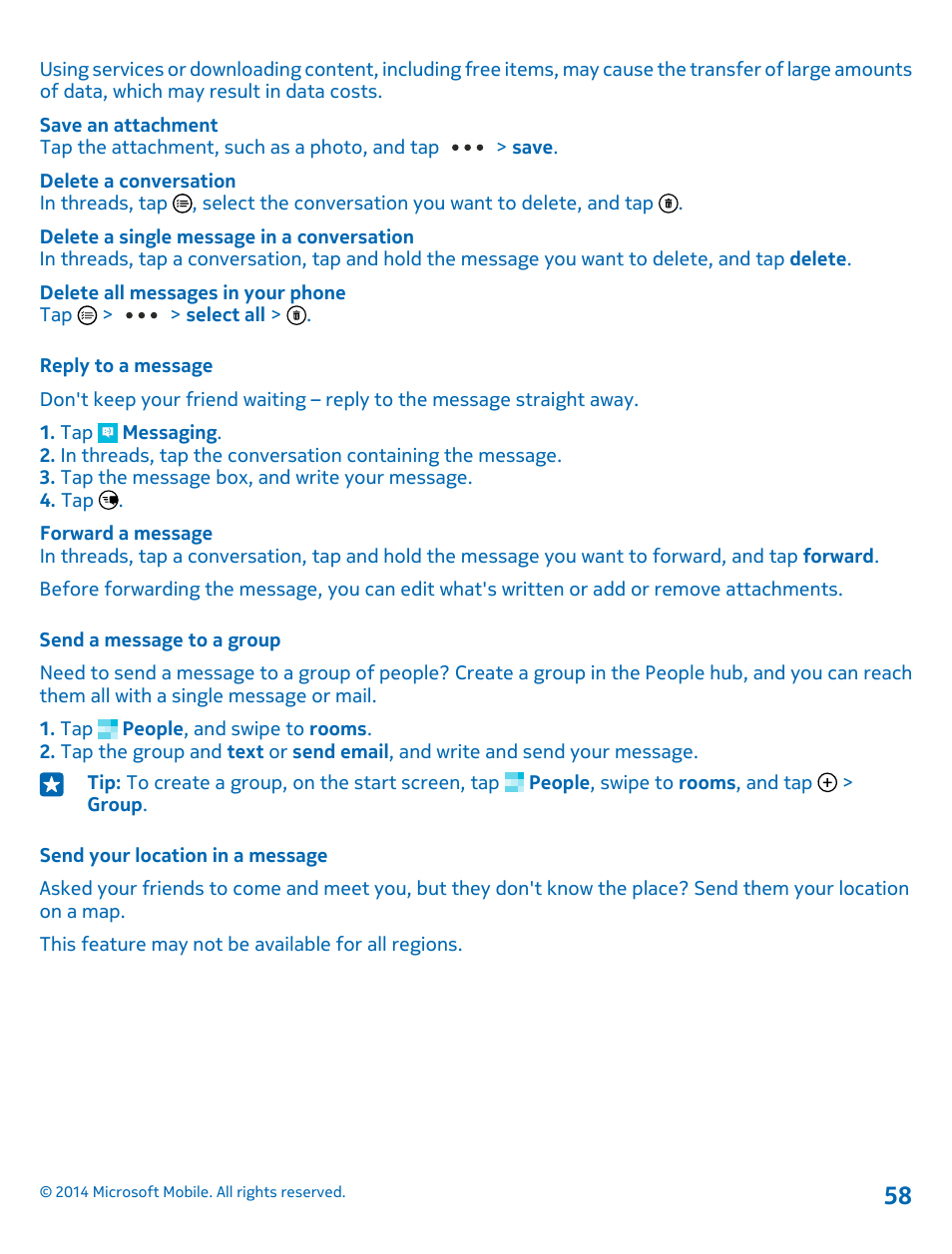 Reply to a message, Send a message to a group, Send your location in a message | Nokia Lumia 520 User Manual | Page 58 / 109