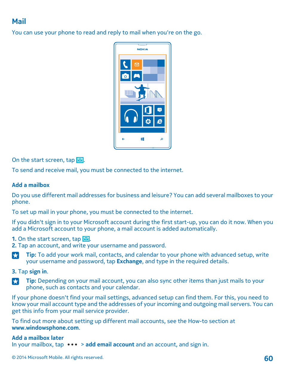 Mail, Add a mailbox | Nokia Lumia 520 User Manual | Page 60 / 109