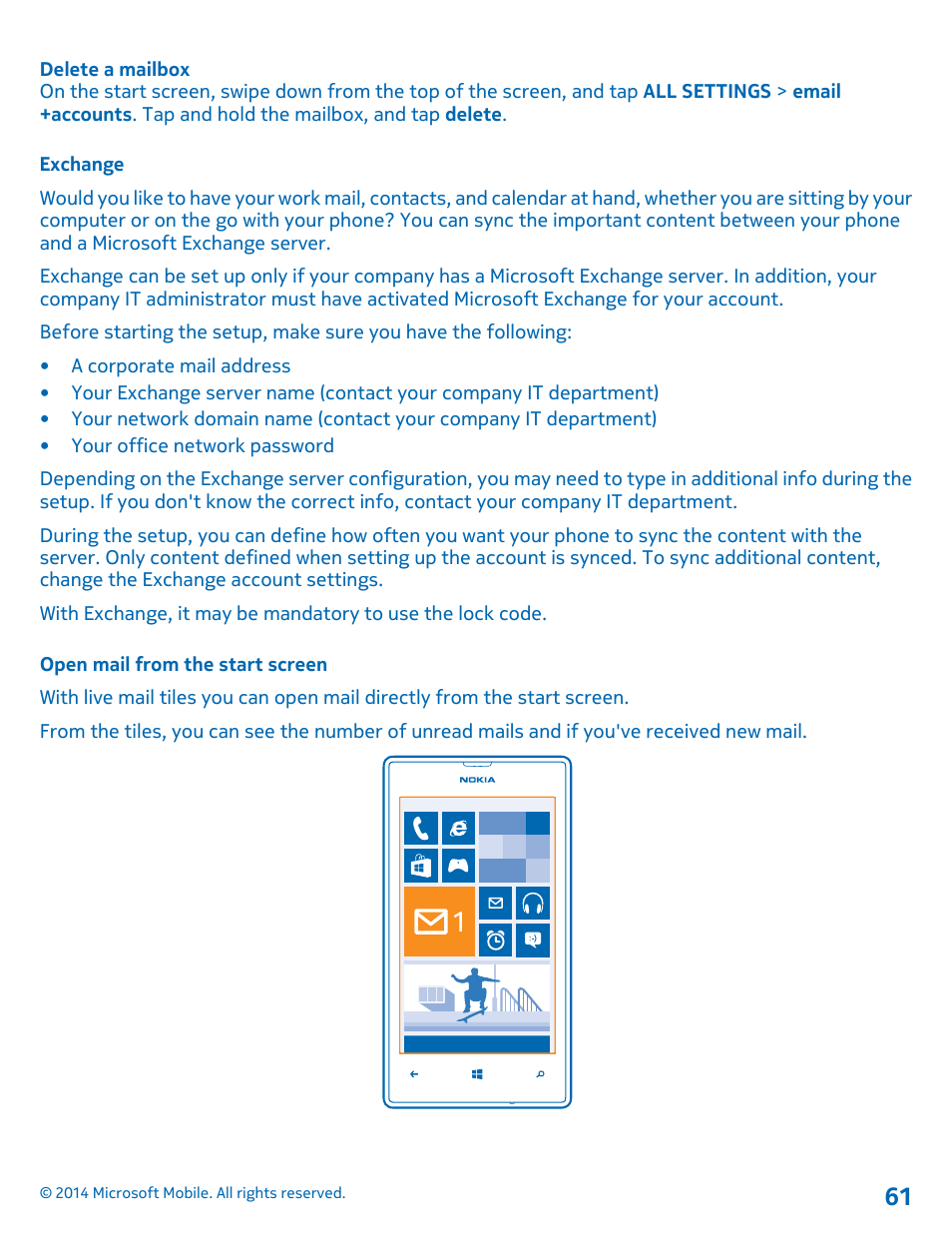 Exchange, Open mail from the start screen | Nokia Lumia 520 User Manual | Page 61 / 109