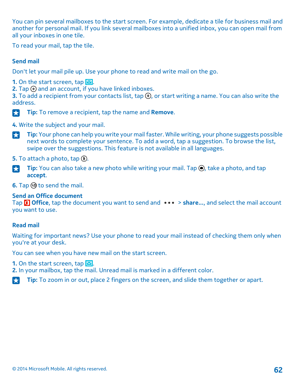 Send mail, Read mail | Nokia Lumia 520 User Manual | Page 62 / 109