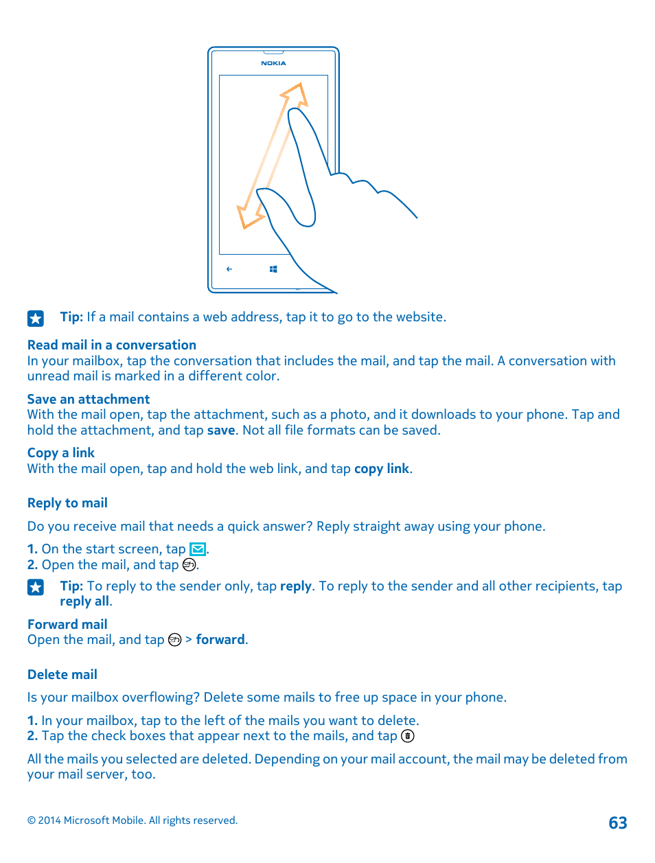 Reply to mail, Delete mail | Nokia Lumia 520 User Manual | Page 63 / 109