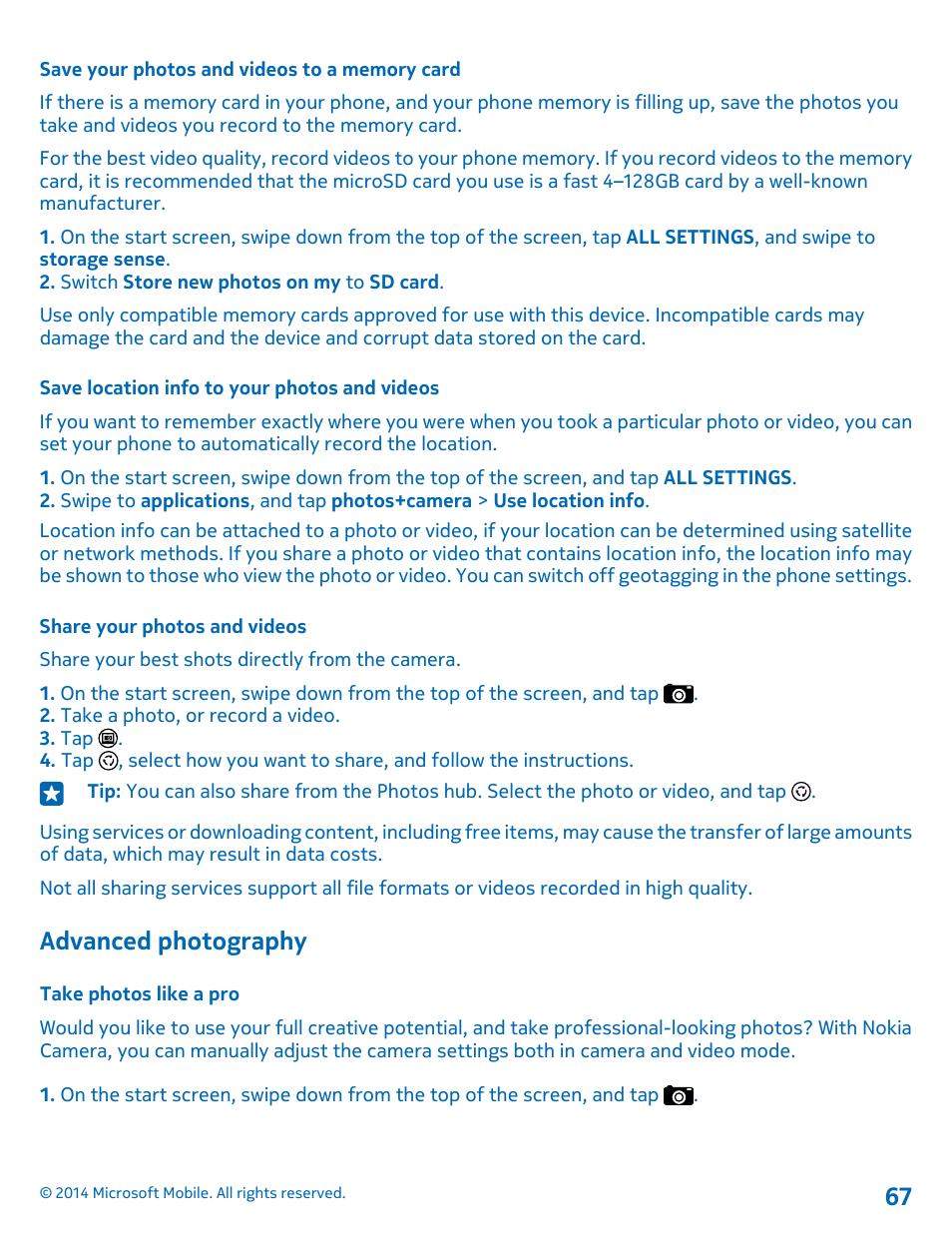 Save your photos and videos to a memory card, Save location info to your photos and videos, Share your photos and videos | Advanced photography, Take photos like a pro | Nokia Lumia 520 User Manual | Page 67 / 109