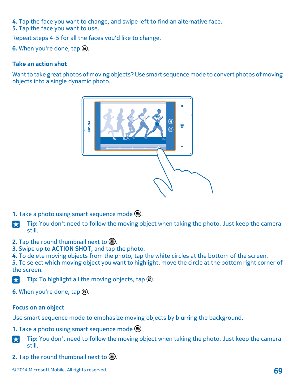 Take an action shot, Focus on an object | Nokia Lumia 520 User Manual | Page 69 / 109