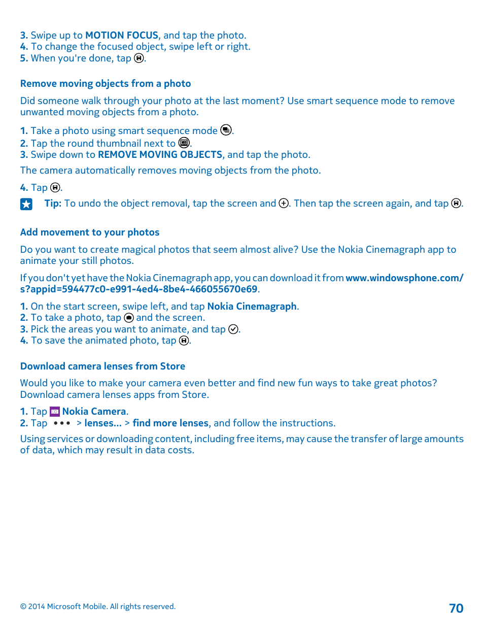 Remove moving objects from a photo, Add movement to your photos, Download camera lenses from store | Nokia Lumia 520 User Manual | Page 70 / 109