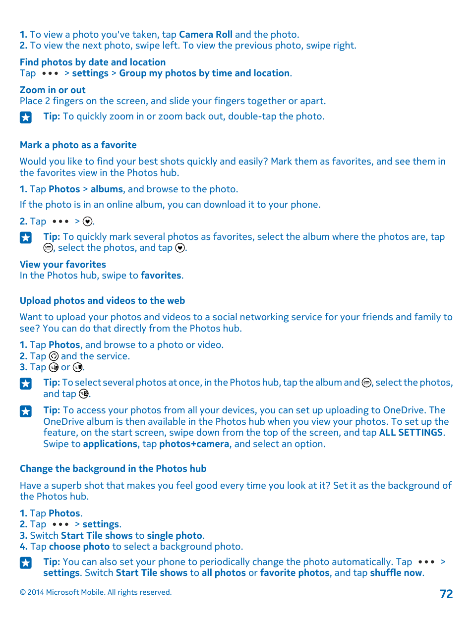 Mark a photo as a favorite, Upload photos and videos to the web, Change the background in the photos hub | Nokia Lumia 520 User Manual | Page 72 / 109