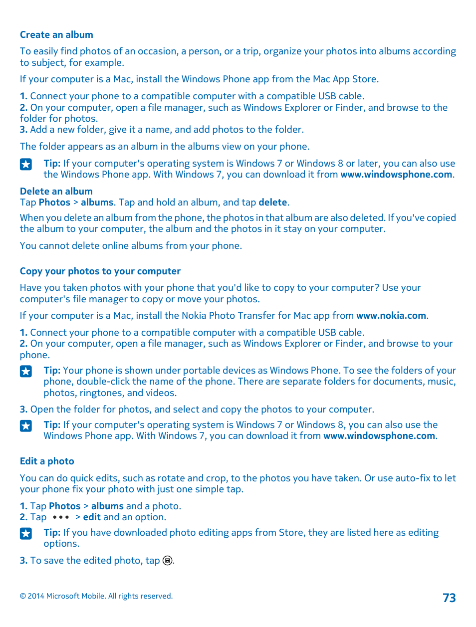 Create an album, Copy your photos to your computer, Edit a photo | Nokia Lumia 520 User Manual | Page 73 / 109