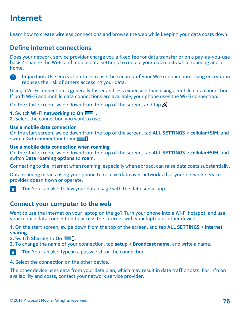 Internet, Define internet connections, Connect your computer to the web | Nokia Lumia 520 User Manual | Page 76 / 109