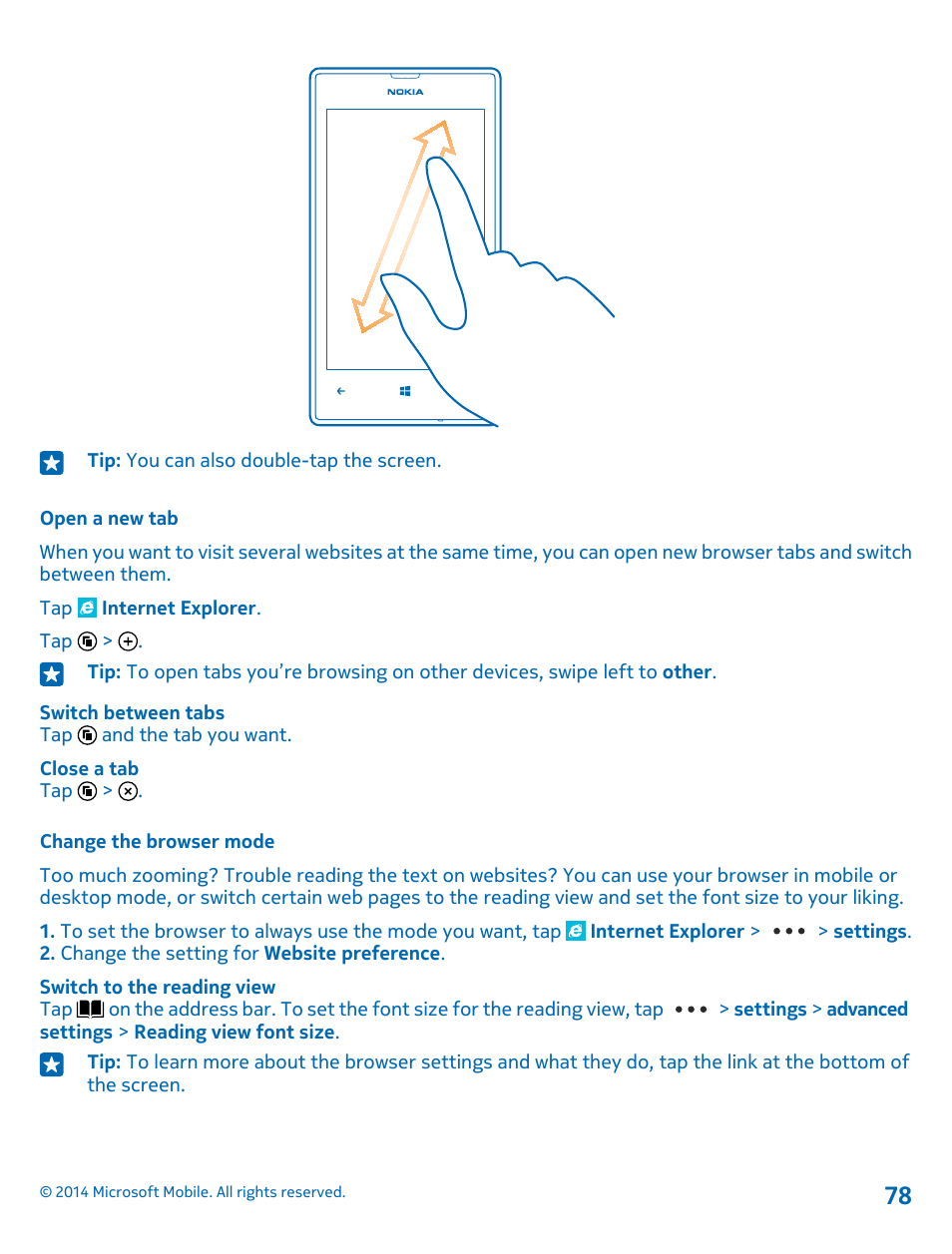 Open a new tab, Change the browser mode | Nokia Lumia 520 User Manual | Page 78 / 109