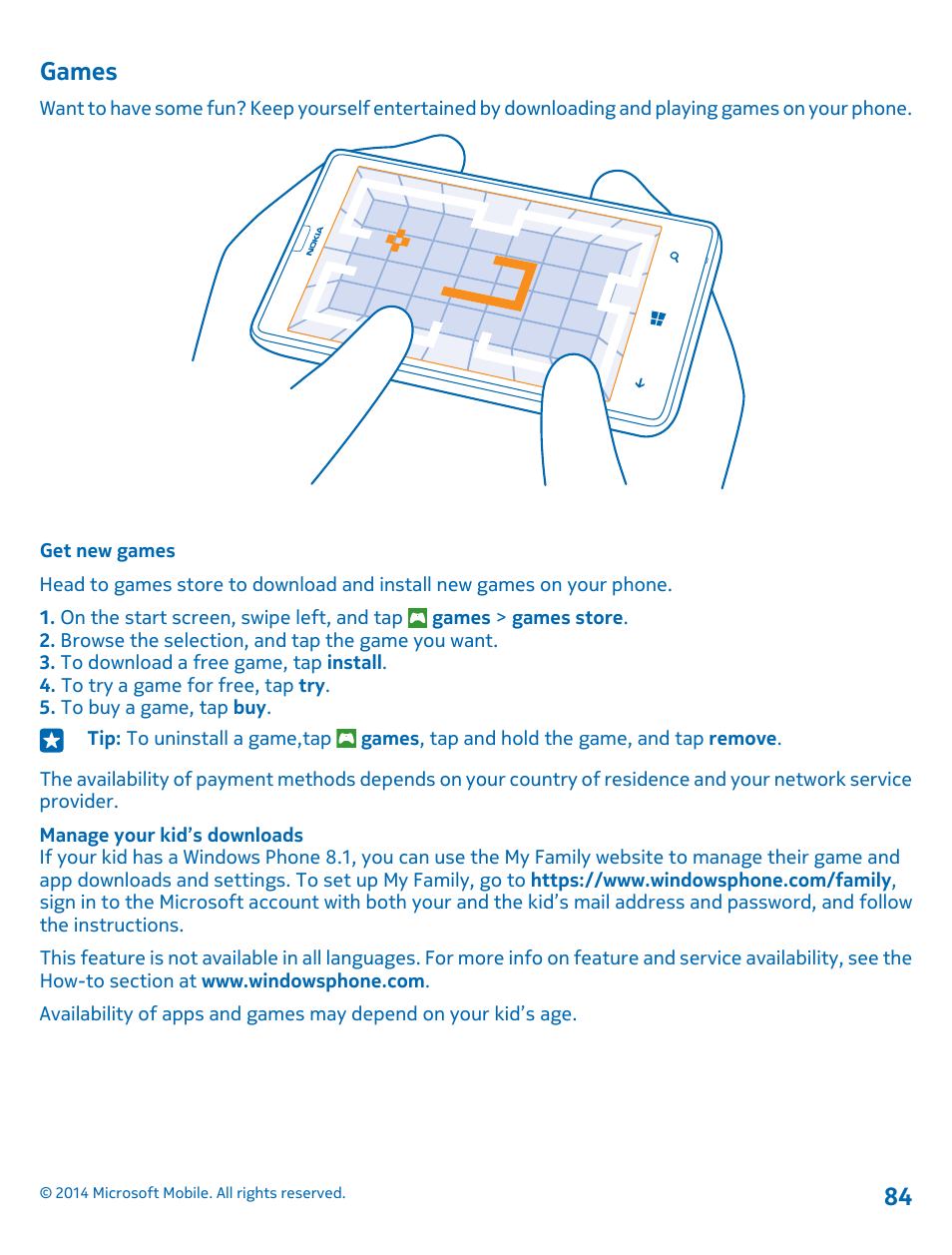 Games, Get new games | Nokia Lumia 520 User Manual | Page 84 / 109