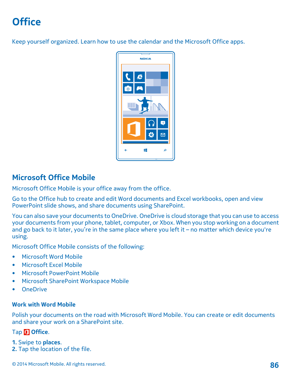 Office, Microsoft office mobile, Work with word mobile | Nokia Lumia 520 User Manual | Page 86 / 109