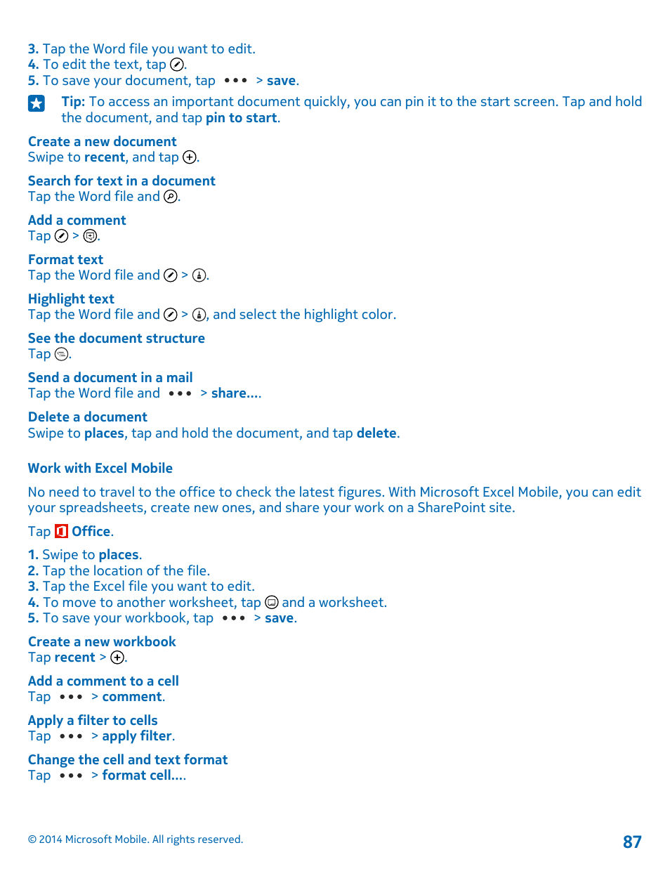 Work with excel mobile | Nokia Lumia 520 User Manual | Page 87 / 109