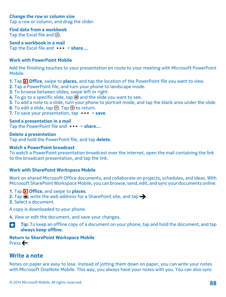 Work with powerpoint mobile, Work with sharepoint workspace mobile, Write a note | Nokia Lumia 520 User Manual | Page 88 / 109