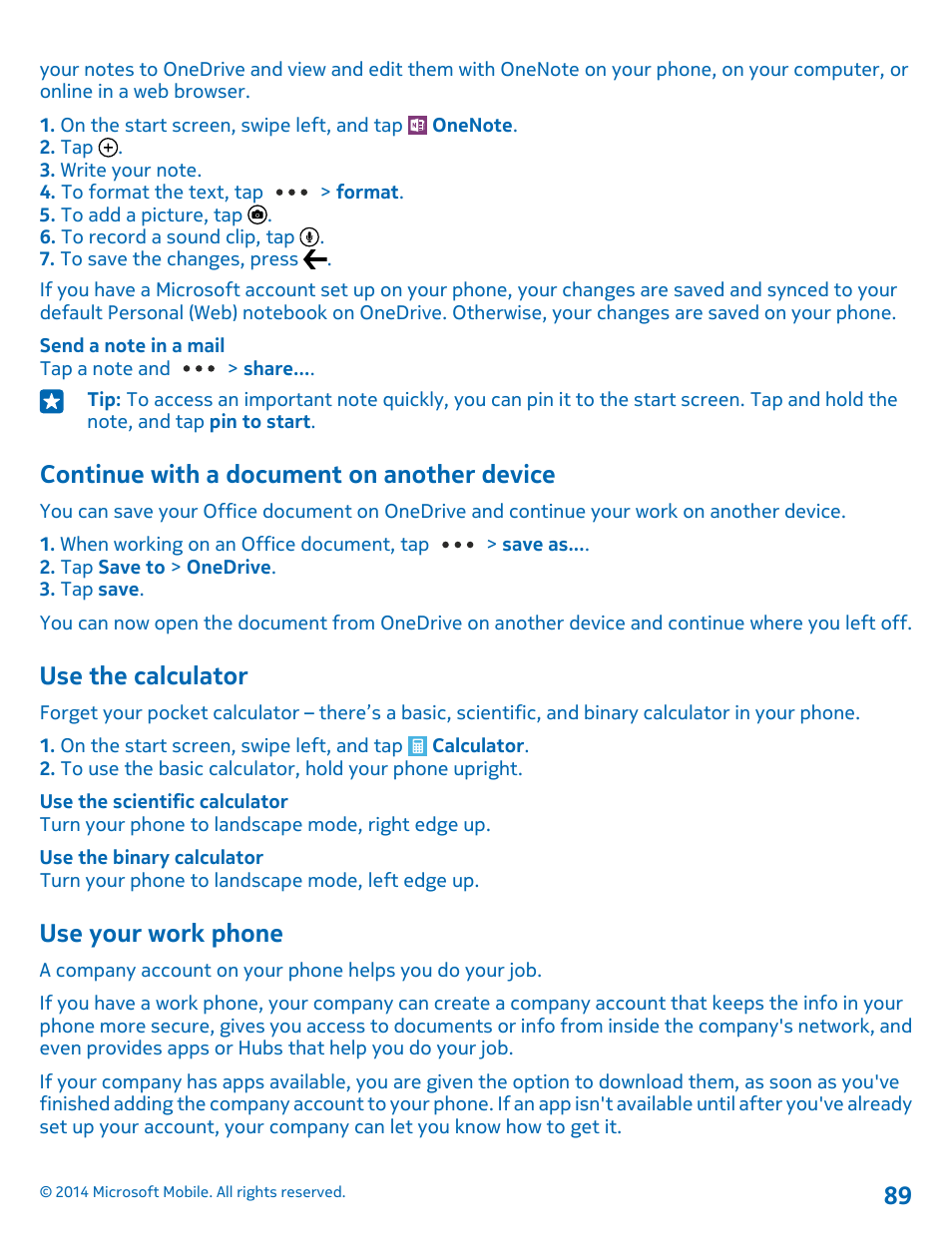 Continue with a document on another device, Use the calculator, Use your work phone | Continue with a document on another, Device | Nokia Lumia 520 User Manual | Page 89 / 109