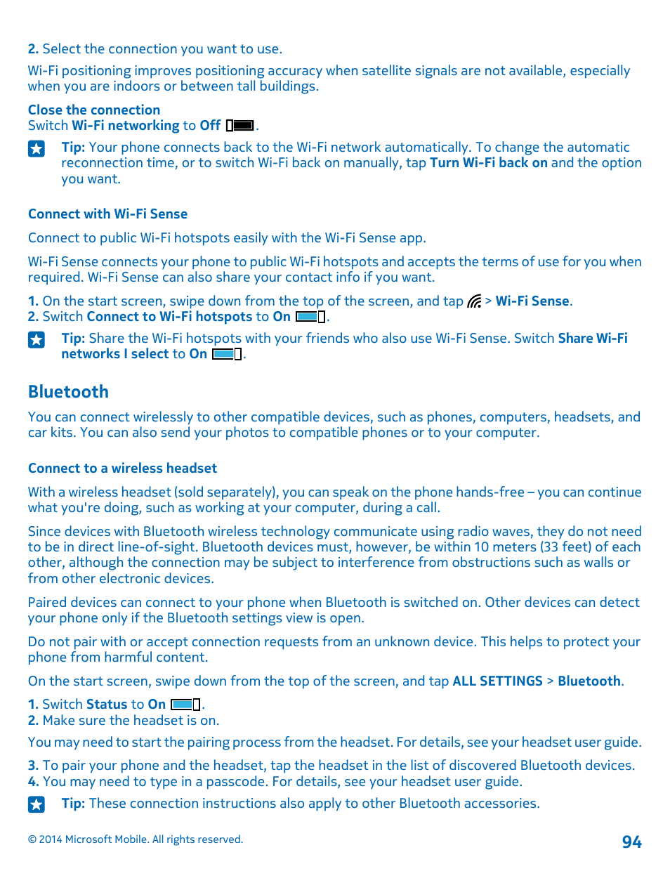 Connect with wi-fi sense, Bluetooth, Connect to a wireless headset | Nokia Lumia 520 User Manual | Page 94 / 109