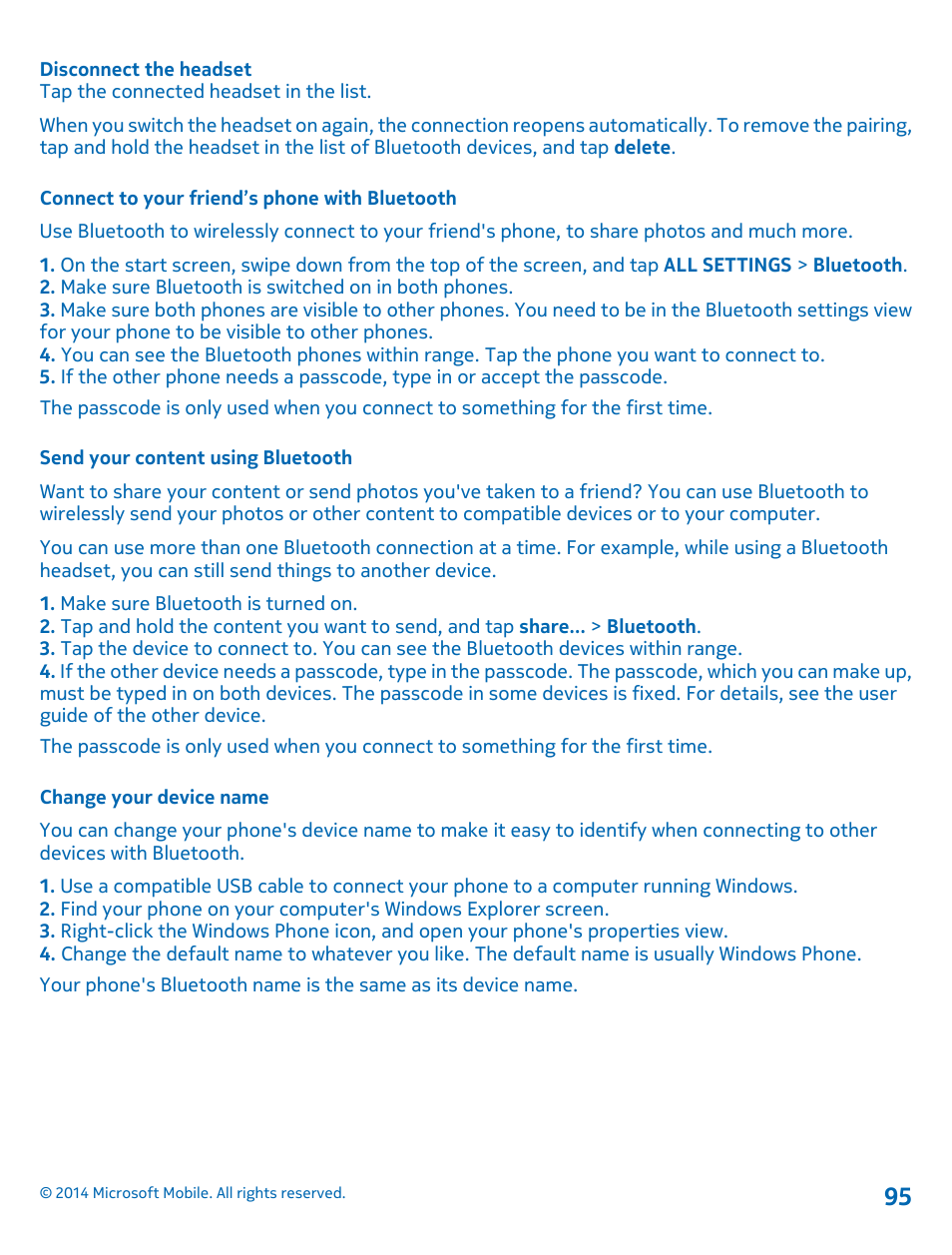 Connect to your friend’s phone with bluetooth, Send your content using bluetooth, Change your device name | Nokia Lumia 520 User Manual | Page 95 / 109