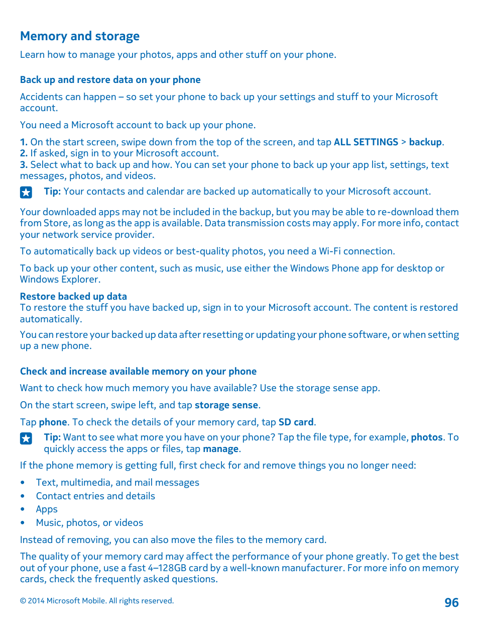 Memory and storage, Back up and restore data on your phone, Check and increase available memory on your phone | Nokia Lumia 520 User Manual | Page 96 / 109