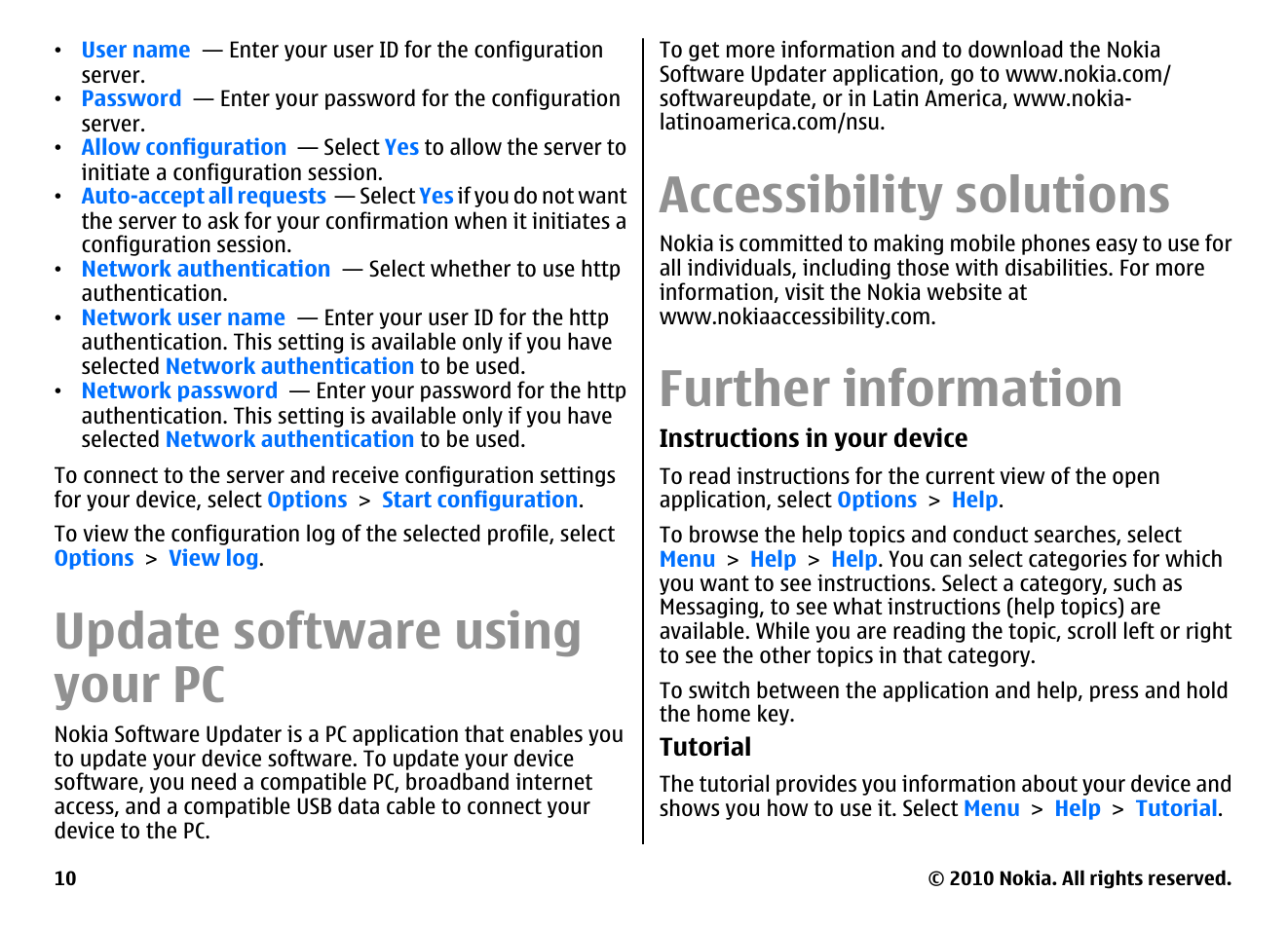 Update software using your pc, Accessibility solutions, Further information | Nokia E71 User Manual | Page 10 / 151