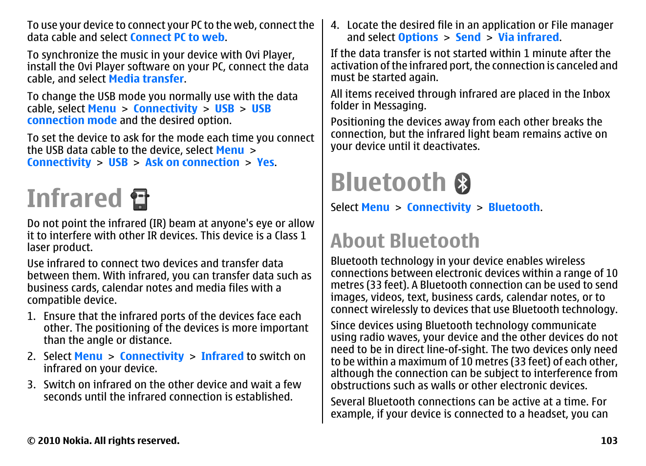 Infrared, Bluetooth, About bluetooth | Nokia E71 User Manual | Page 103 / 151